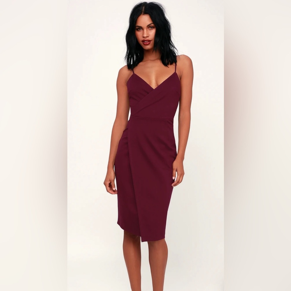 Lulus Have You Heard Plum Purple Surplice Midi Body Con Dress Size Small